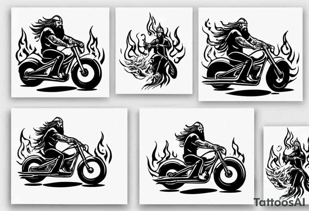 A viking riding a motorcycle with flames tattoo idea