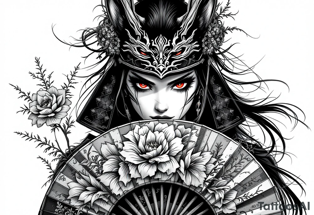 japanese samurai woman with red eyes wearing a kitsune half-mask and holding a fan with irises flowers ornement tattoo idea