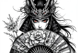 japanese samurai woman with red eyes wearing a kitsune half-mask and holding a fan with irises flowers ornement tattoo idea
