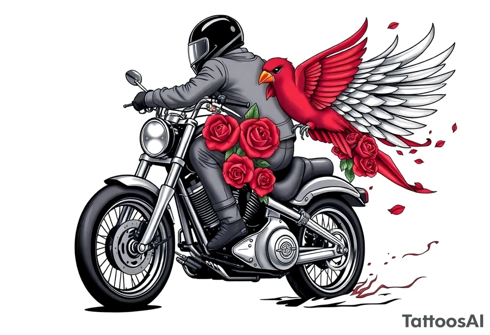 Harley grey motorcycle driving away, two red birds flying, roses, flames, angel wings tattoo idea