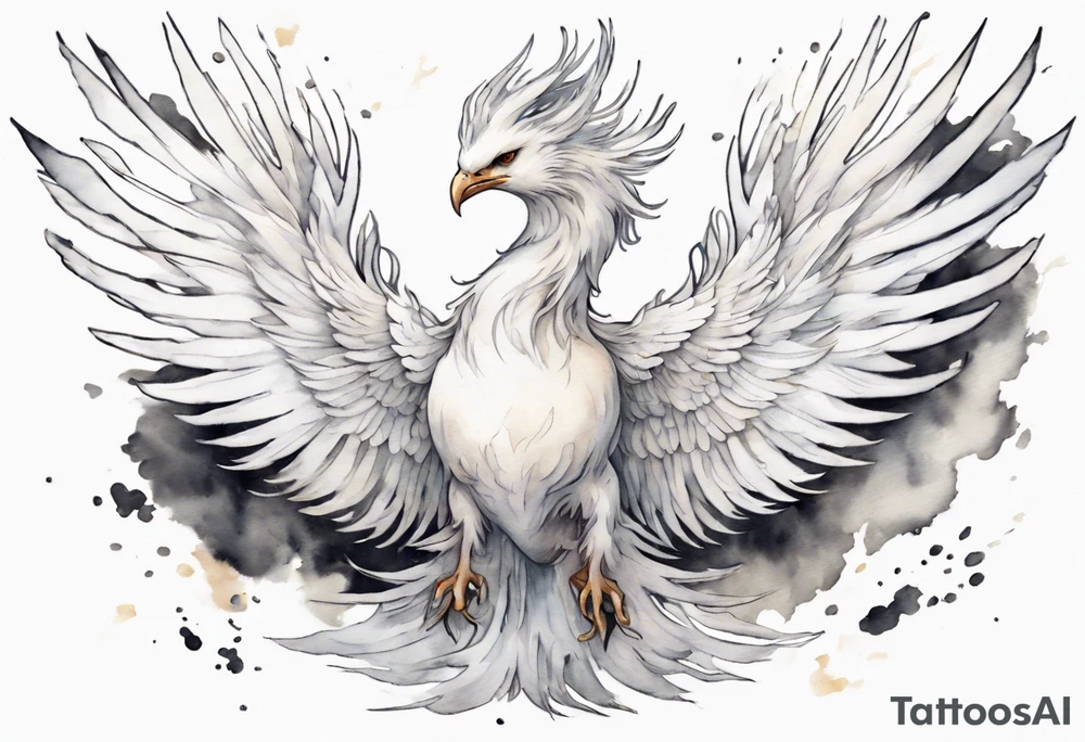 a white phoenix wearing a small crown, flying in the air tattoo idea a white phoenix wearing a small crown, flying in the air tattoo idea