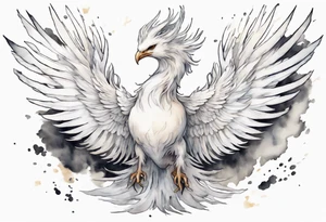 a white phoenix wearing a small crown, flying in the air tattoo idea