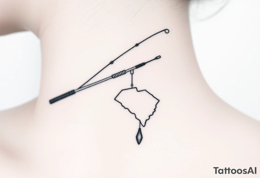 Old fishing rod with South Carolina state dangling as if caught tattoo idea