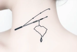 Old fishing rod with South Carolina state dangling as if caught tattoo idea