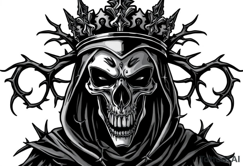 A crowned skeletal warrior, cloaked in shadows and thorns. tattoo idea