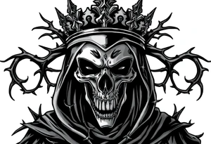 A crowned skeletal warrior, cloaked in shadows and thorns. tattoo idea