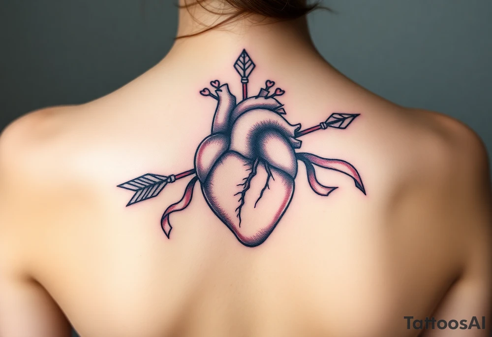 anatomical heart pierced by ornate arrow with flowing ribbons tattoo idea