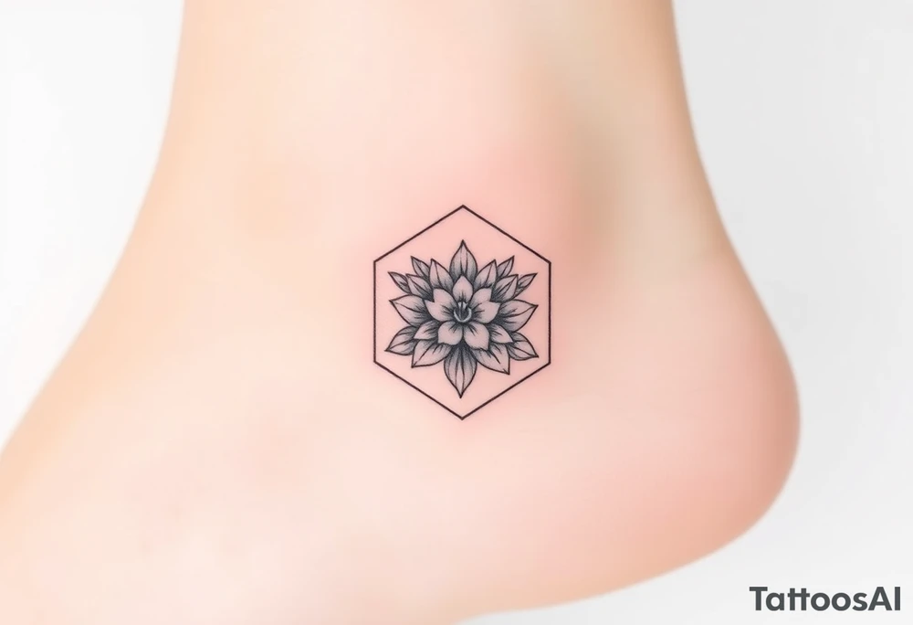 Faint Hexagon with Leo, larkspur and water lilies in the center tattoo idea