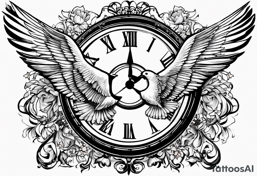 - The name "Walston" arched elegantly above or below the clock.
- The clock in the center with intricate details.
- Doves flying in from the sides, with their wings spread, creating a dynamic flow towards the clock. tattoo idea