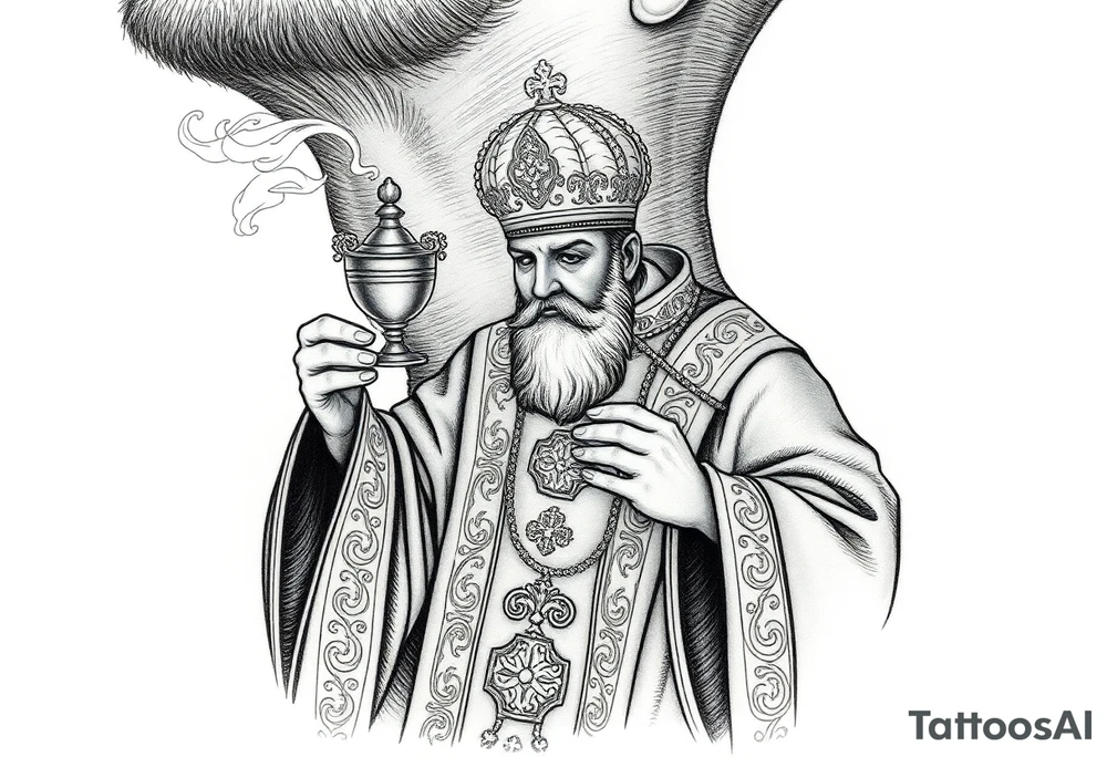 A Russian Orthodox Priest in full gold vestments swinging a censer with smoke curling upward 

The ornate robes give incredible fine line detail
The incense smoke could flow and connect to other elements
It ties directly into the church and Virgin Mary you already have
Very culturally authentic to the overall theme tattoo idea