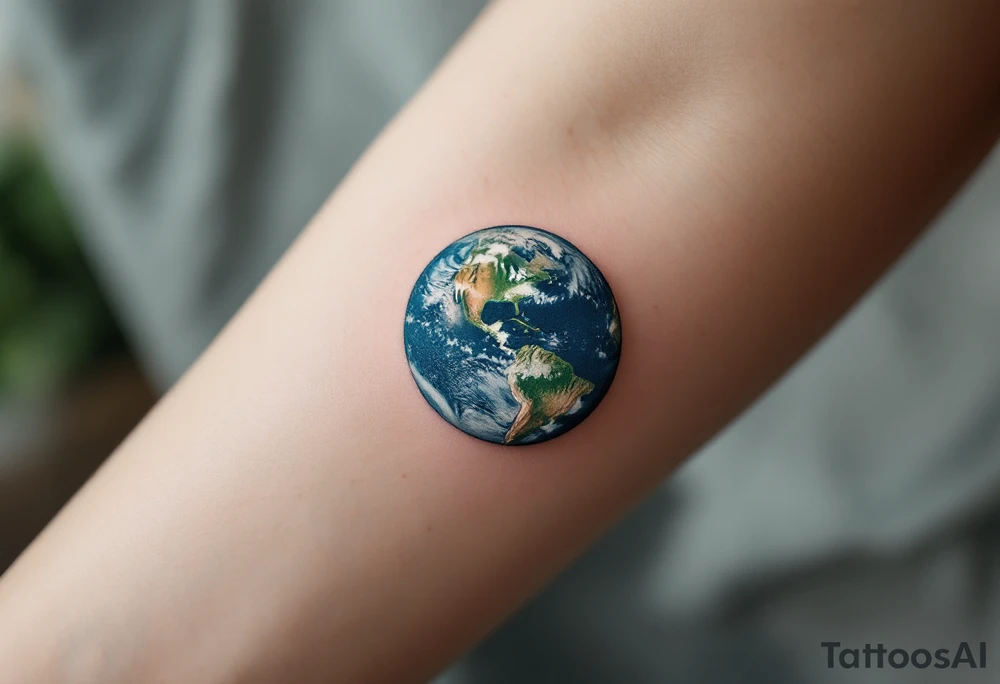 A microrealism Earth tattoo shaded with marine blue and mossy green nestles in the crook of the elbow. tattoo idea