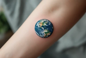 A microrealism Earth tattoo shaded with marine blue and mossy green nestles in the crook of the elbow. tattoo idea