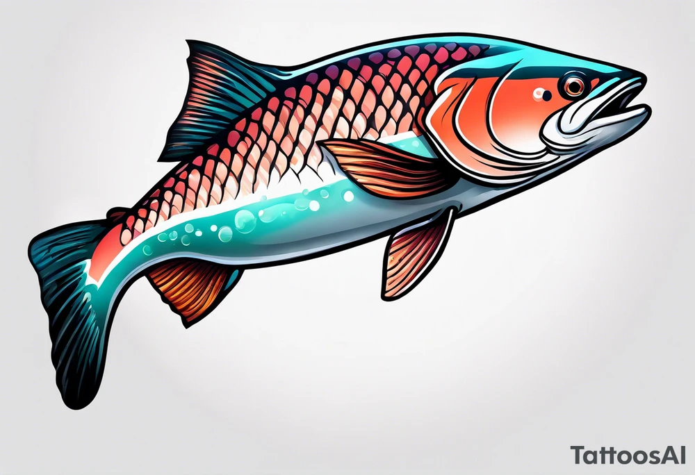 curved colorful salmon fish jumping into the air tattoo idea