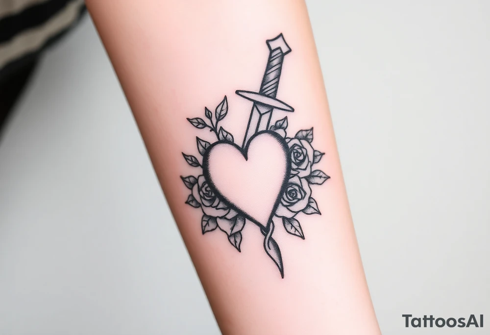 dagger piercing a heart with roses tattoo idea