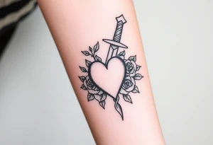 dagger piercing a heart with roses tattoo idea