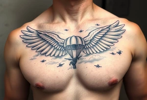 tattoo only  n the left side of the chest, paratrooper wings in the clouds with helicopters and paratroopers tattoo idea