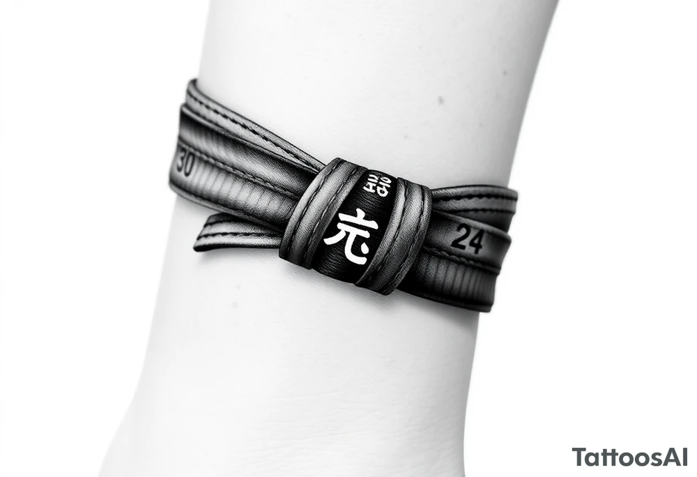 A realistic black and gray tattoo of a Brazilian Jiu-Jitsu black belt wrapping around the wrist like a bracelet. The belt is tied in a knot with one end showing the number 30 and the other showing 24. On the flat end of the belt, two Japanese kanji characters are inked in white: 成長 (growth) and 忍耐 (perseverance). The belt has subtle stitch marks and worn, textured shading for a slightly distressed, authentic look. tattoo idea