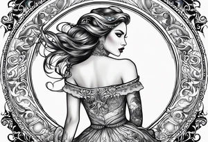 woman in dress straddling a crescent moon tattoo idea