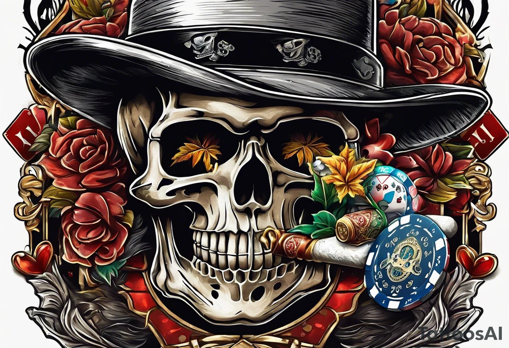 skeleton smoking cigar with poker chips, dealing the cards tattoo idea