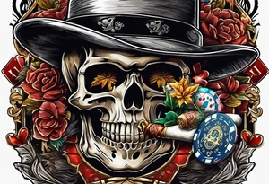 skeleton smoking cigar with poker chips, dealing the cards tattoo idea