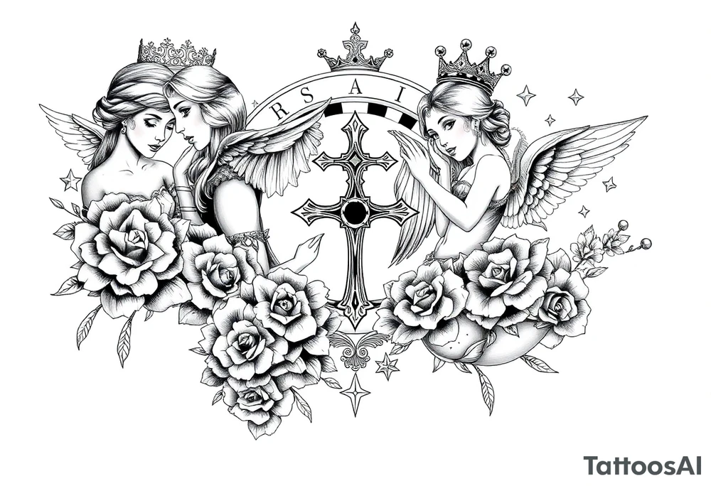 Roulette casino and princess and cross, baby angels, roses and stars and fish, crown, rosebead tattoo idea