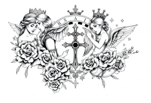 Roulette casino and princess and cross, baby angels, roses and stars and fish, crown, rosebead tattoo idea