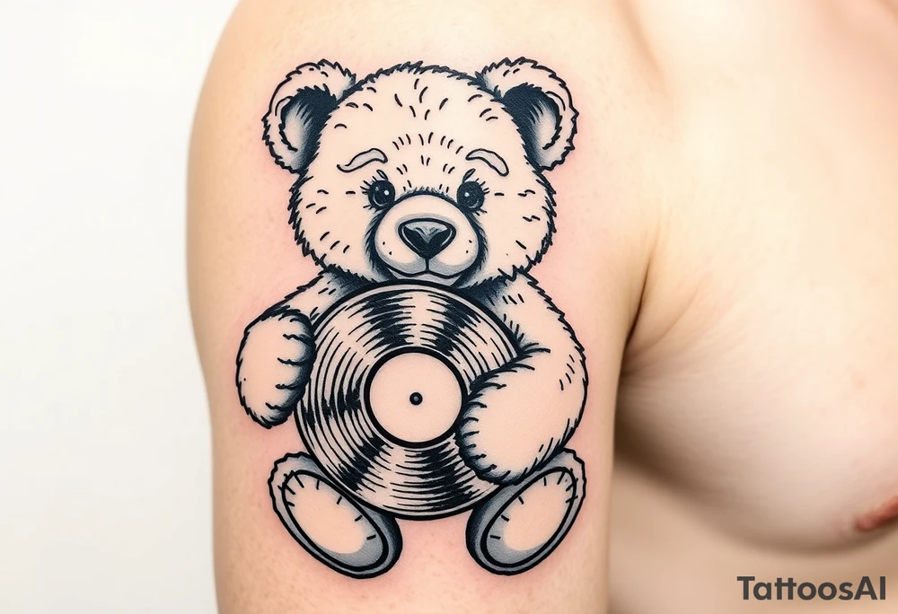 masculine teddy bear holding a vinyl record tattoo idea