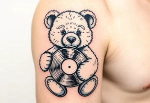 masculine teddy bear holding a vinyl record tattoo idea