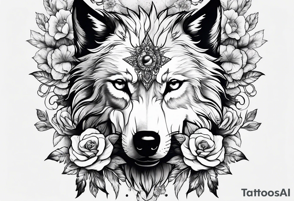 Wolf head half skull half real with flowers around tattoo idea