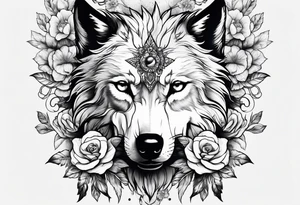Wolf head half skull half real with flowers around tattoo idea