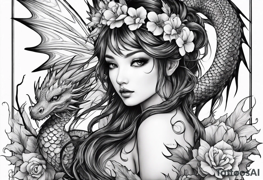 fairy nymph with a dragon friend tattoo idea