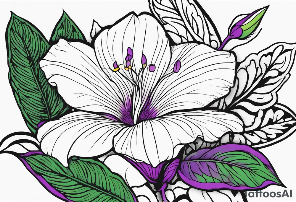An outline of a rio dipladenia flower with green and purple behind it tattoo idea