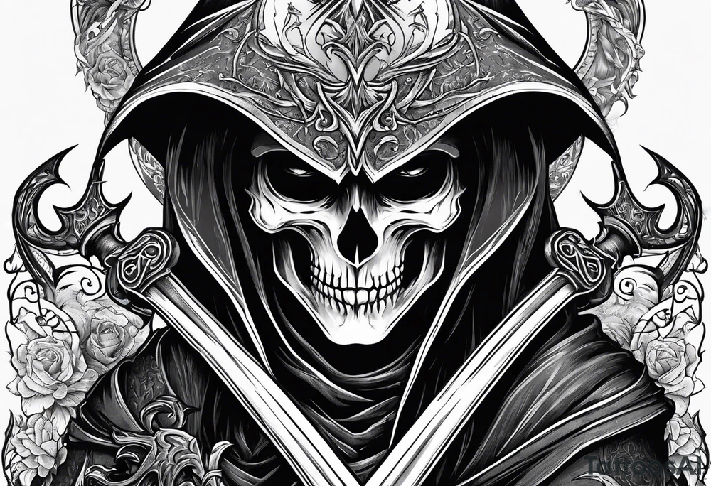necromancer guy with Scythe and white eyes tattoo idea