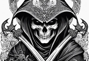 necromancer guy with Scythe and white eyes tattoo idea