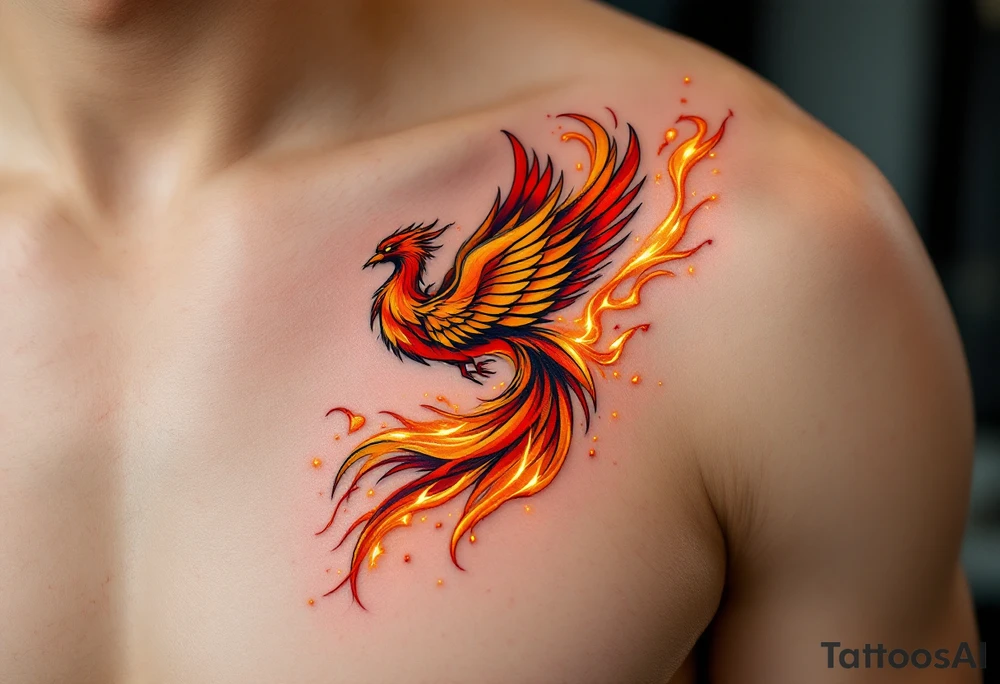 A majestic phoenix rising from swirling golden flames, its feathers a brilliant mix of fiery red, deep orange, and shimmering gold. Its wings extend with elegant curves, forming a protective arc, while embers and glowing sparks trail behind, representing rebirth and resilience. tattoo idea