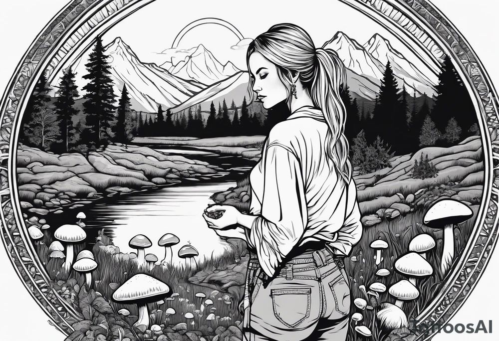 Whole picture encircled fully

Straight long blonde hair hippie girl in distance holding mushrooms in hand facing away toward mountains and creek surrounded by mushrooms long sleeve shirt and hiking pants; whole rendering within a full circle, no cut off circle tattoo idea