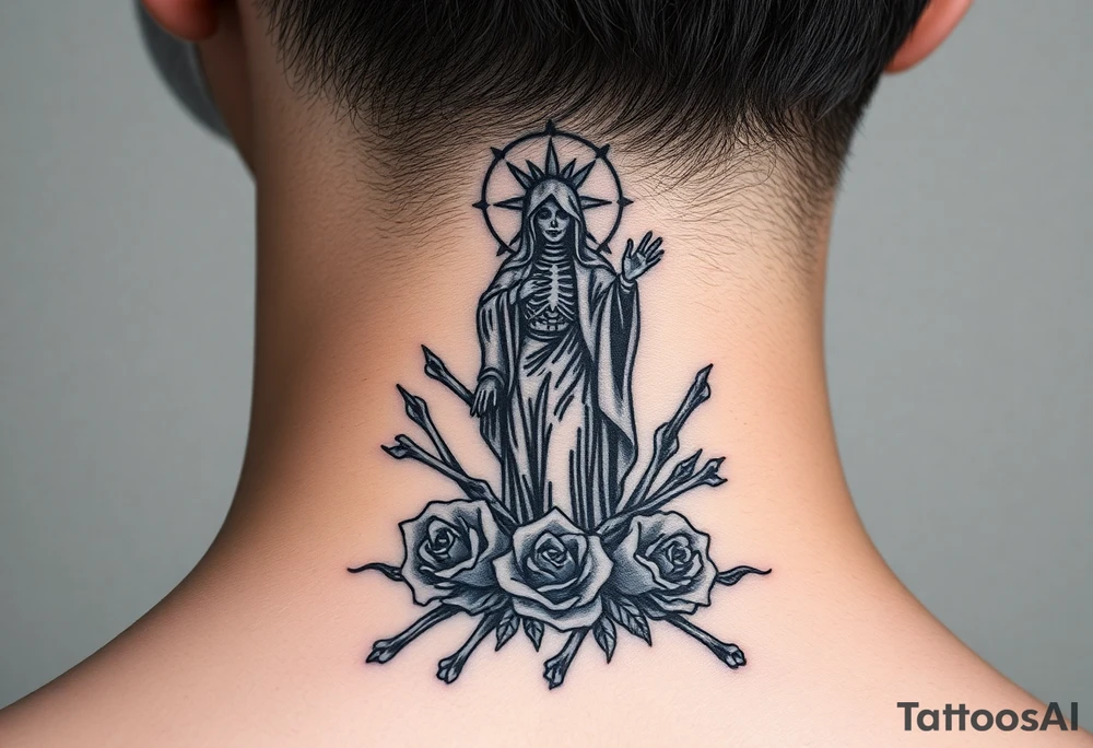 Santa muerte rising out of smoke surrounded by broken bones and roses tattoo idea