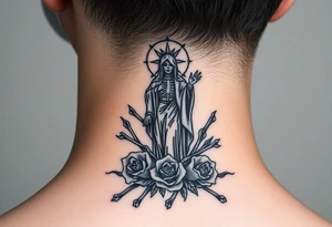 Santa muerte rising out of smoke surrounded by broken bones and roses tattoo idea