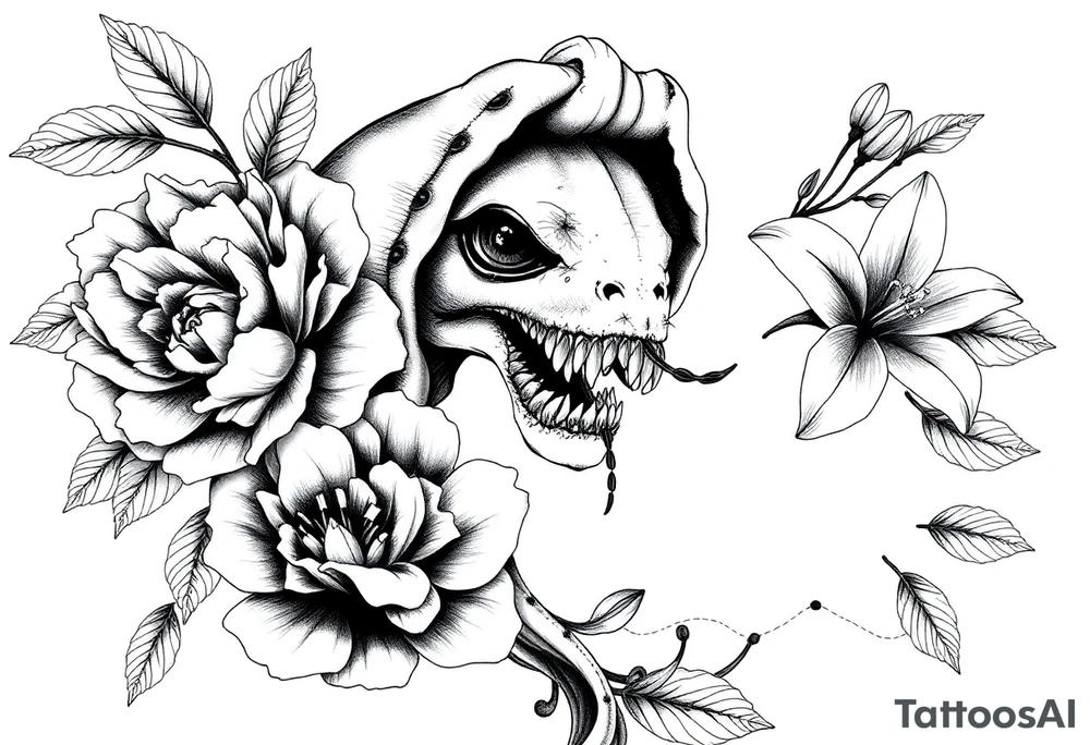 peonies and lilies with medusa head tattoo idea