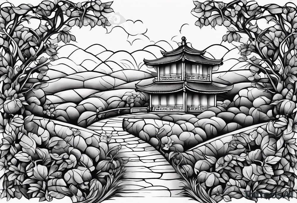 stone road over leafy vines tattoo idea