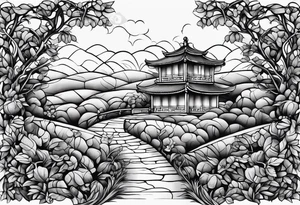 stone road over leafy vines tattoo idea