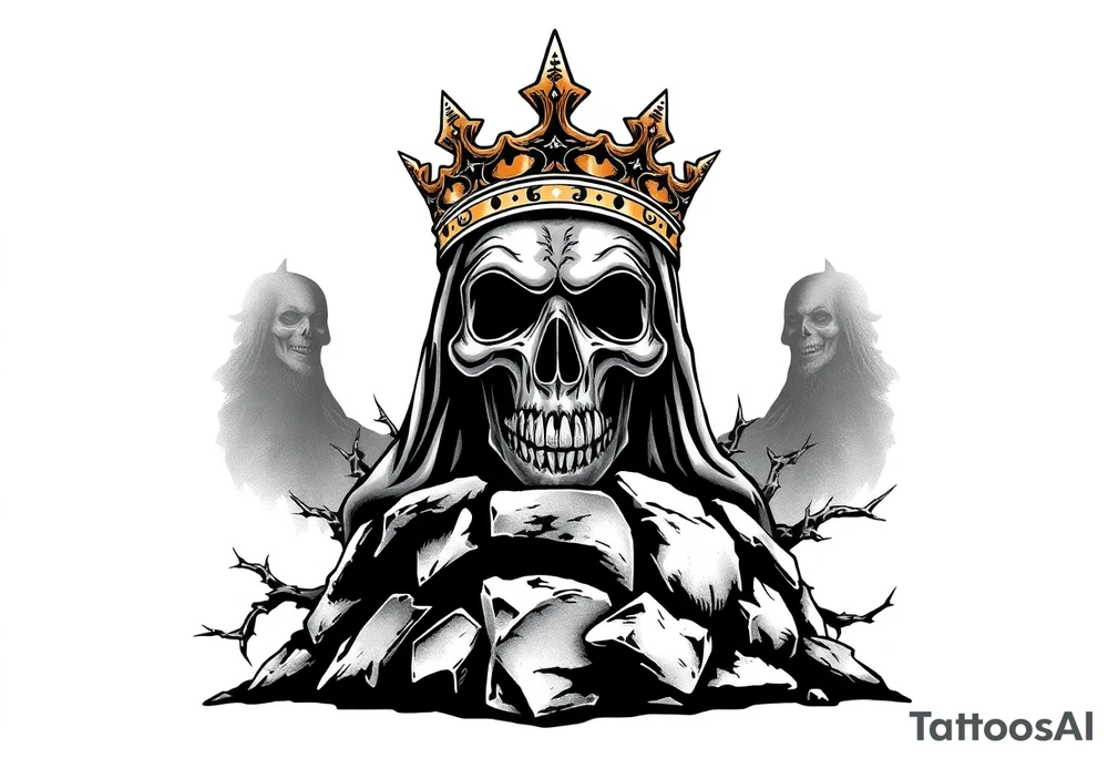 A crowned skull or warrior rising from a stone barrow, cloaked in shadows and thorns. tattoo idea