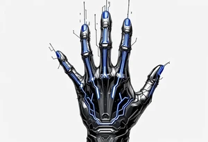 A futuristic chrome hand design with sapphire-blue energy lines tracing each finger like circuits. tattoo idea
