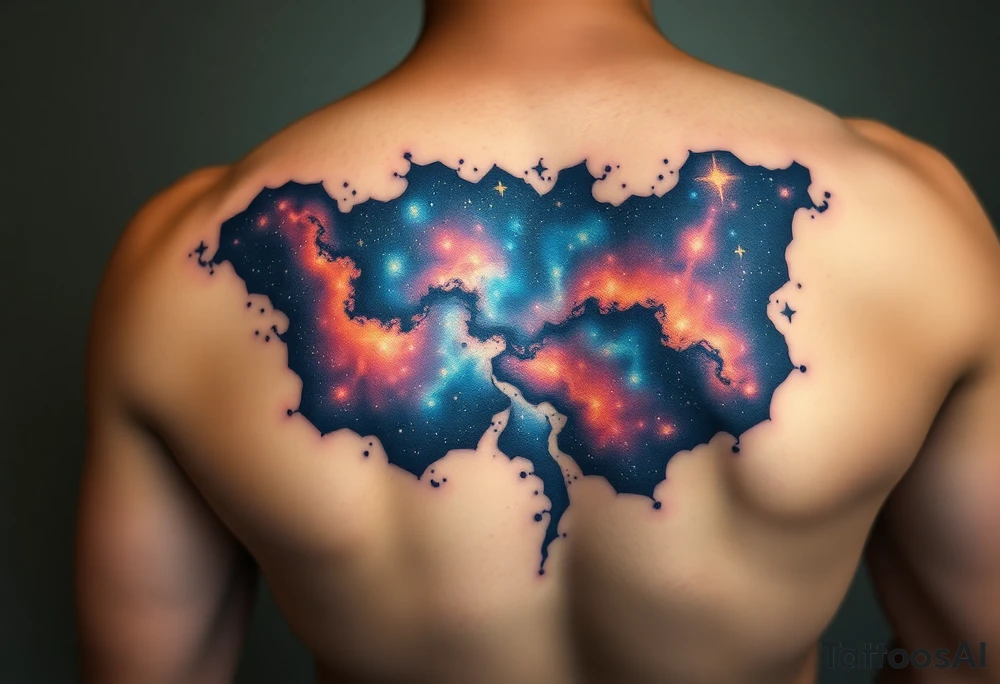 Beautiful and epic 3d milky way that appears to be what is beneath the skin. Make it drape over the shoulder and move to the middle back. use negative spaces to create stars and dust. Incorporate God breathing life into the universe. Keep it symmetrical tattoo idea
