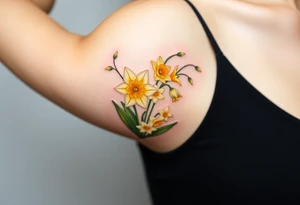 Feminine daffodils, Lily of the valley and larkspur bouquet tattoo idea