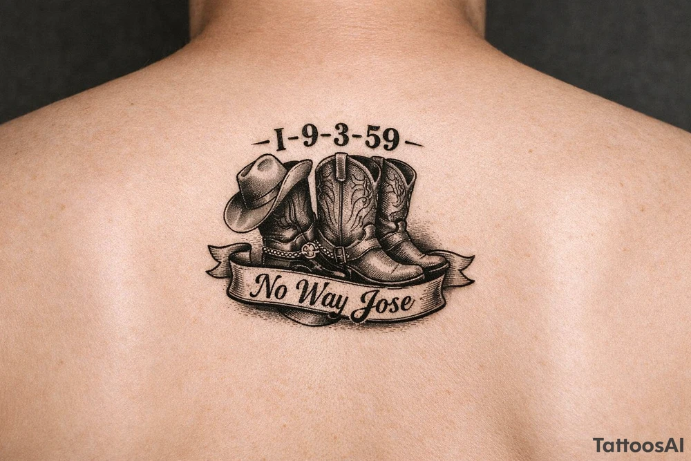 Can you do a minimalist neo, traditional Cow girl boots her birthday i9-3-59 and a banner that says no way Jose tattoo idea