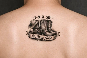 Can you do a minimalist neo, traditional Cow girl boots her birthday i9-3-59 and a banner that says no way Jose tattoo idea
