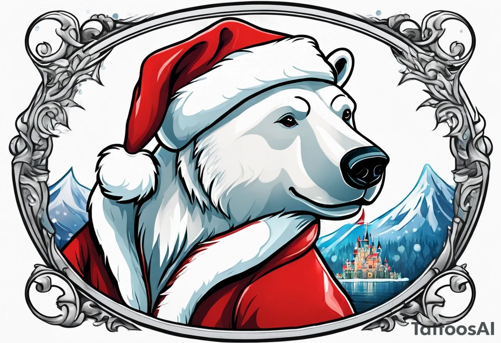 A polar bear dressed as Santa at Disney land castle tattoo idea