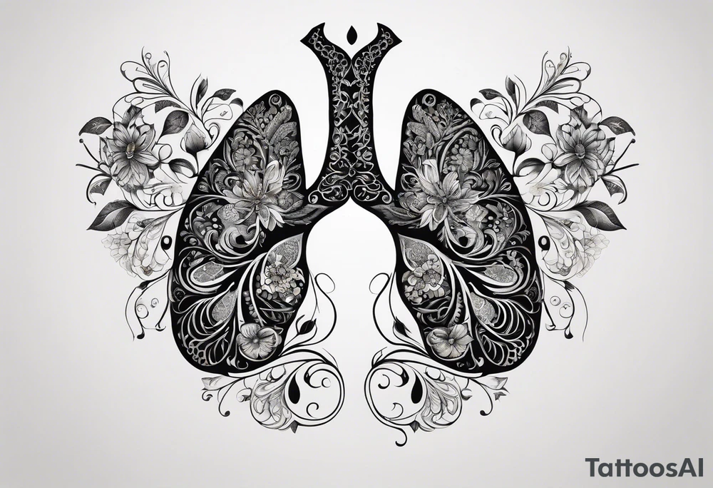 intricate and artistic arrangement of flowers and ornamental patterns that come together to form the shape of human lungs. The design should have a balance of delicacy and detail, with vibrant floral elements seamlessly intertwining to mimic the structure of the lungs, including the bronchi branching into floral motifs. Incorporate subtle shading and depth to give the tattoo a dynamic and organic feel, while maintaining elegance and symmetry tattoo idea