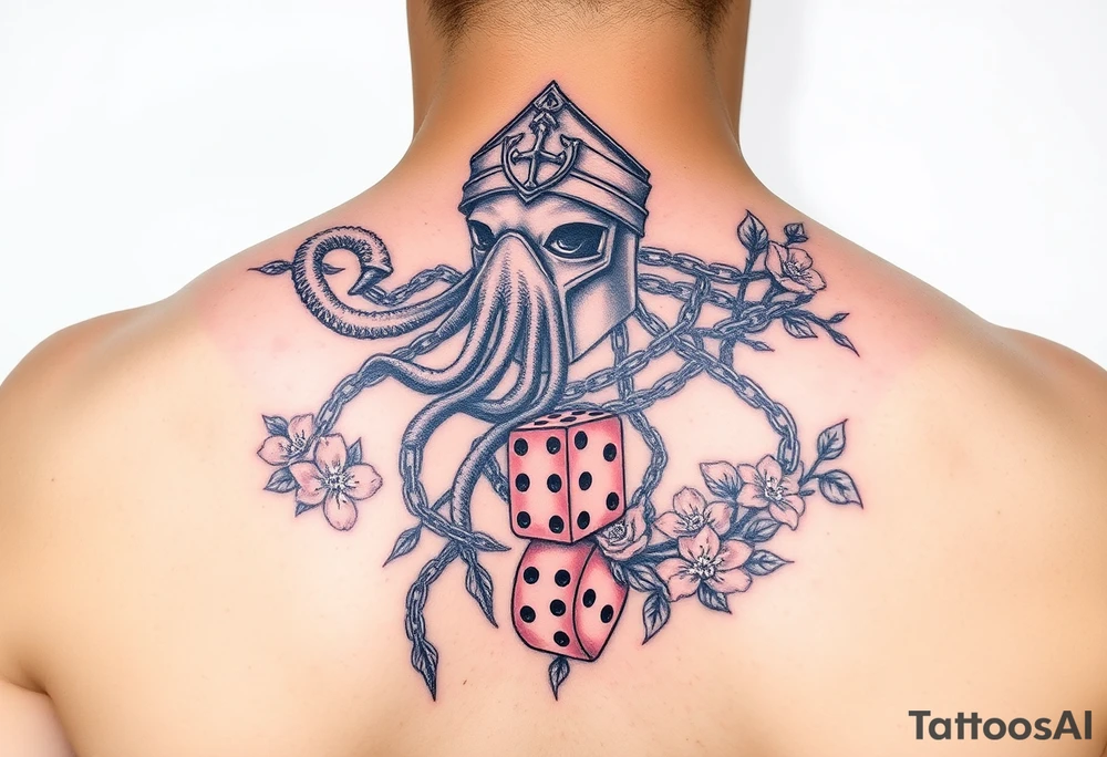 Squid and knight and sailor hat combined with chains, tree roots, cherry blossoms and roses rolling dice tattoo idea
